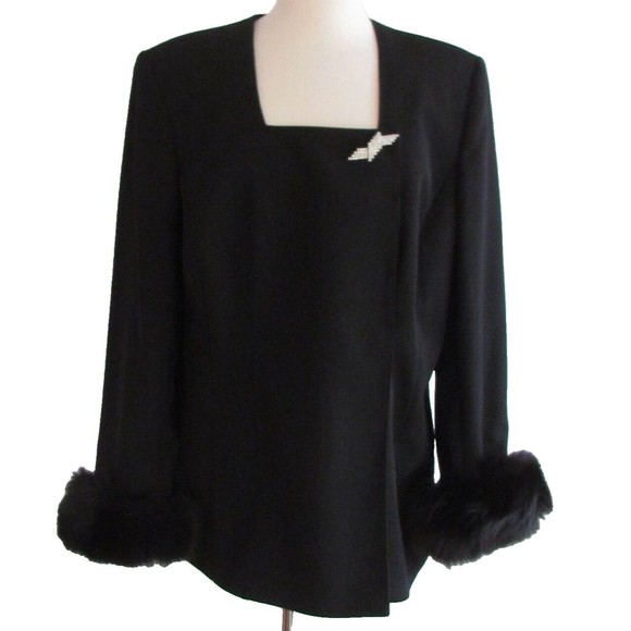 Vintage Designer Solini New York Black Square Neck Fox Fur Cuffs Jacket 16.R - Picture 6 of 16